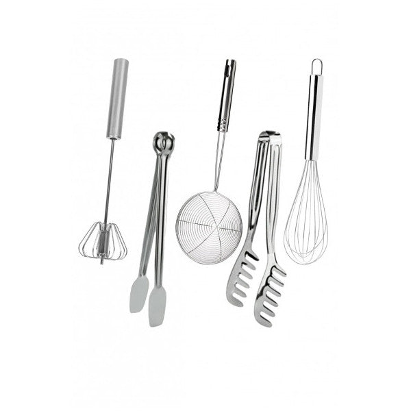 Luxury 5-Piece Kitchen Prep Set: Beater, Grill Tongs, Colander, Pasta Tongs, Wire Whisk Set