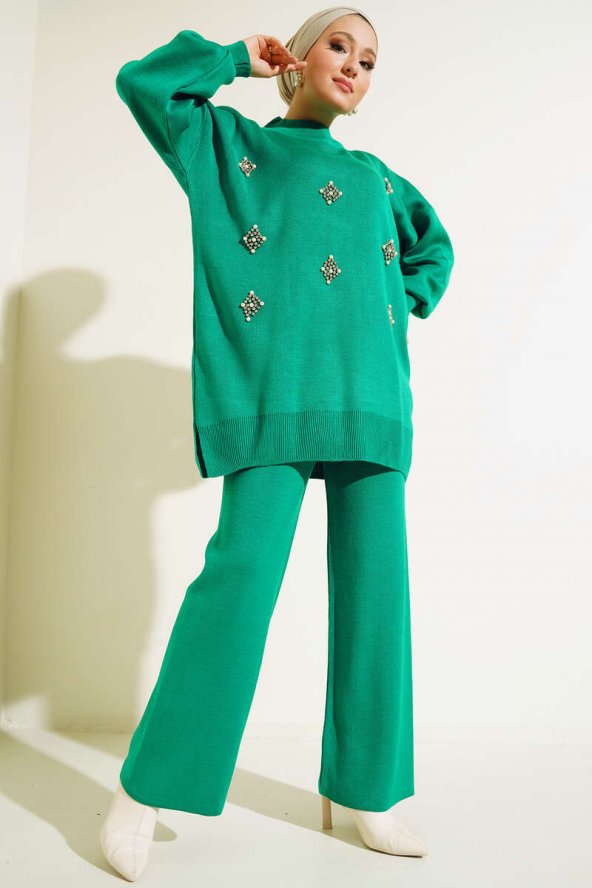 Beaded Embellished Knitwear Double Suit Green