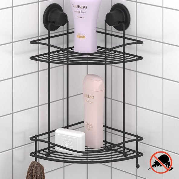 Teknotel vakum iki katmanlı banyo köşesi rafı Matt Black Dm253