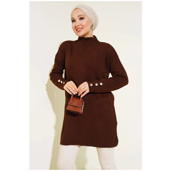 Ribbed Cufflink Detailed Knitwear Tunic Brown