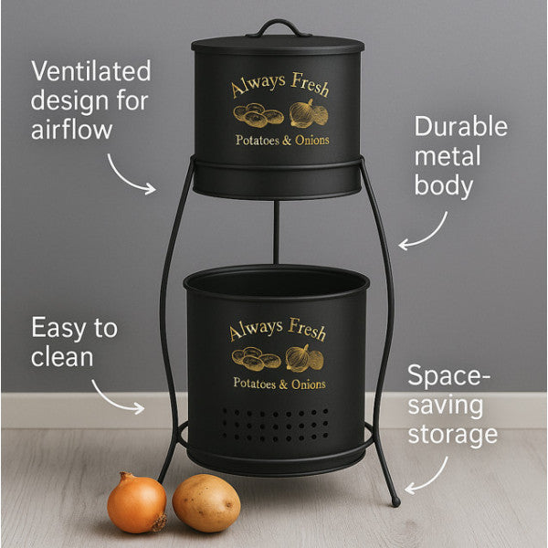 2-Layer Black Potato Onion Bucket Basket Container Box Economical Size With Lid