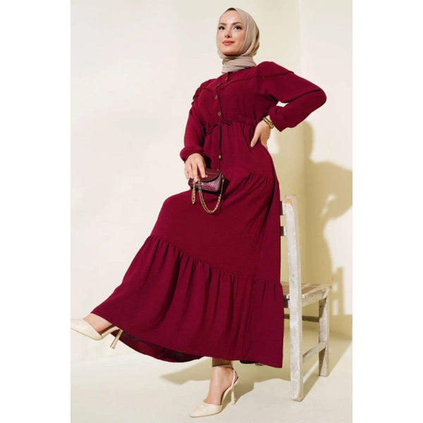 Half Buttoned Layered Dress Burgundy