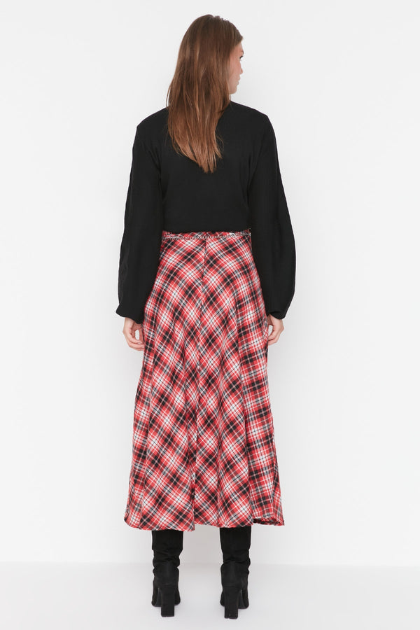 Trendyol Modest Check Pattern Waist Chain Detail Woven Skirt TCTAW23EE00021