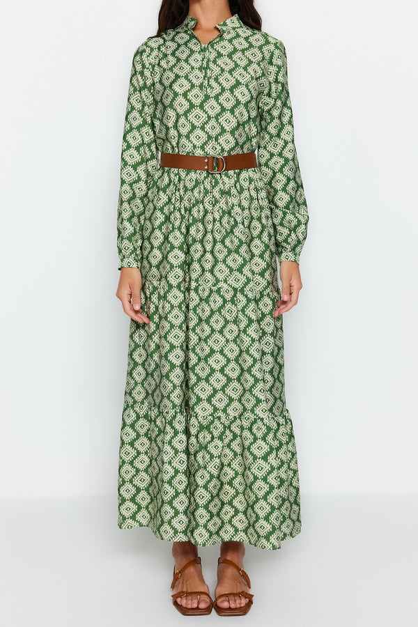 Trendyol Modest Belt Skirt Flounce Floral Pattern Lined Woven Dress Tctss23Eb00111