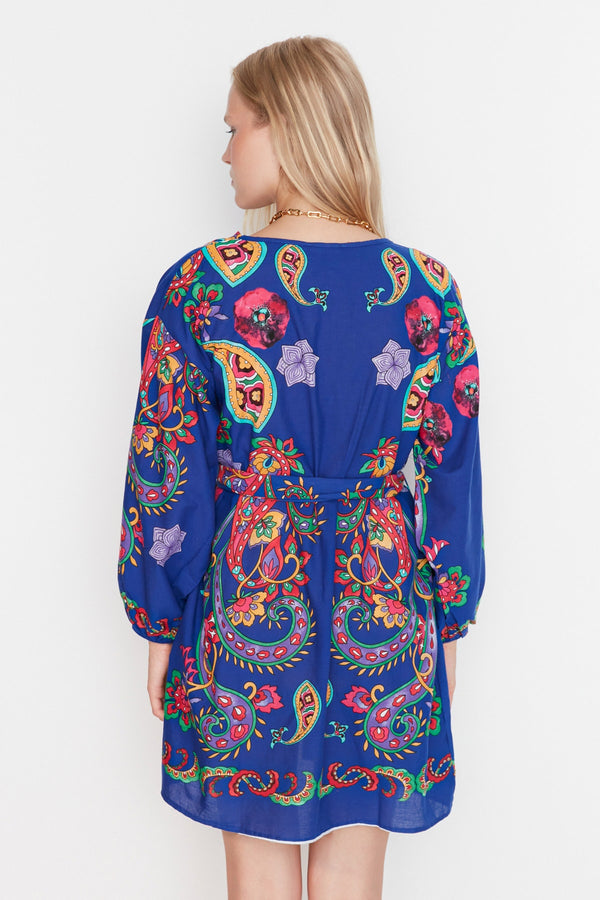 Trendyolmilla Blue-Multicolor Paisley Patterned Kimono & Kaftan Tbess22Km0022