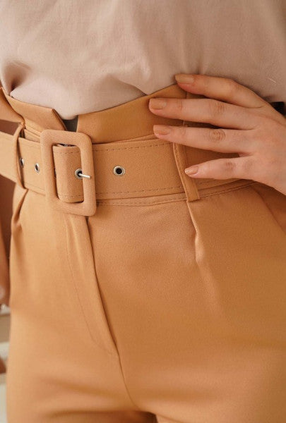 High Waist Belted Trousers Camel