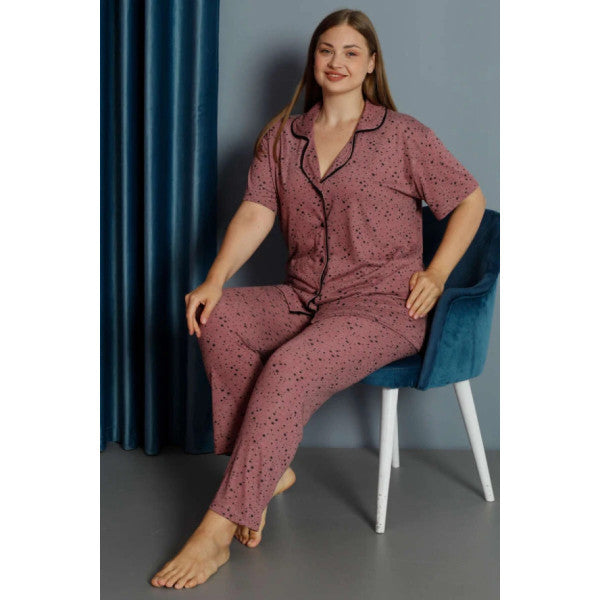 Star Patterned Shirt Collar Plus Size Pajama Set Magenta