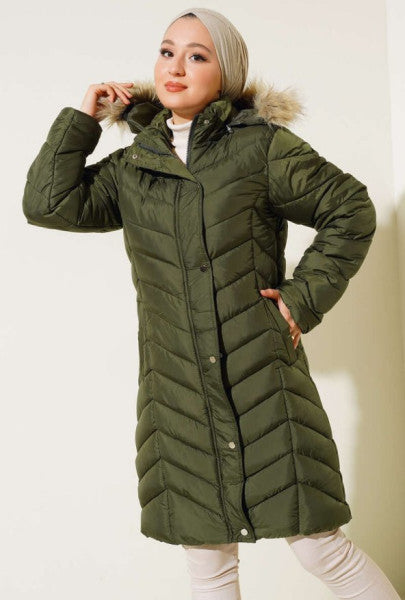 Furry Hooded Puffer Coat Khaki