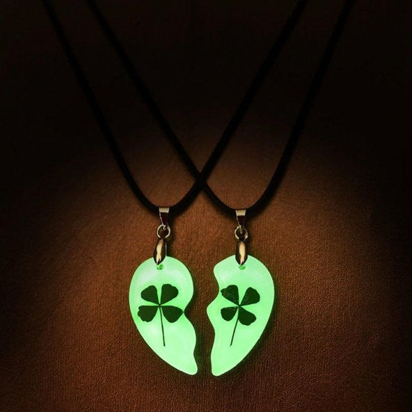 Glow in the Dark Phosphorescent Clover Heart Necklace for Lovers