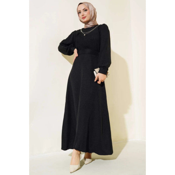 Pleated Front Linen Dress Black