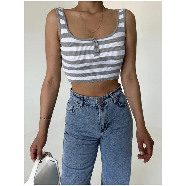 Grey-Ecru Buttoned Striped Crop Tank Top