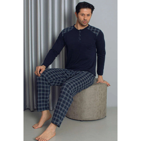 Half Buttoned Plaid Long Sleeve Men's Pajama Set Navy Blue