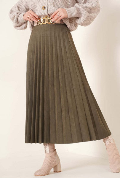 Pleated Suede Skirt Khaki