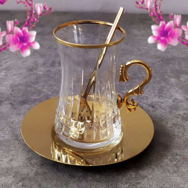 Lisbon Decorative Luxury Tea Set with Handle and Steel Plate - 18 Pieces