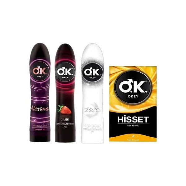 Okey Nirvana Gel 100 Ml + Strawberry Gel 100 Ml + Zero Gel 100 Ml + Hisset 10 Pack Condoms