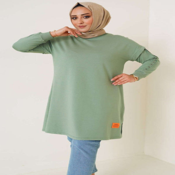 Plus Size Tunic With Eyelet Decoration On Sleeves Mint Green