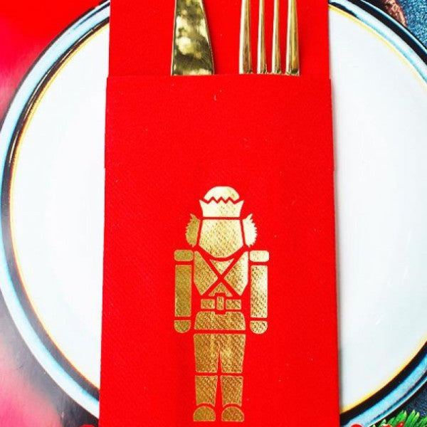 Fabric Textured Red Napkin with Pocket Gold Foil Tin Soldier Printed New Year's Table Napkin 6 Pieces