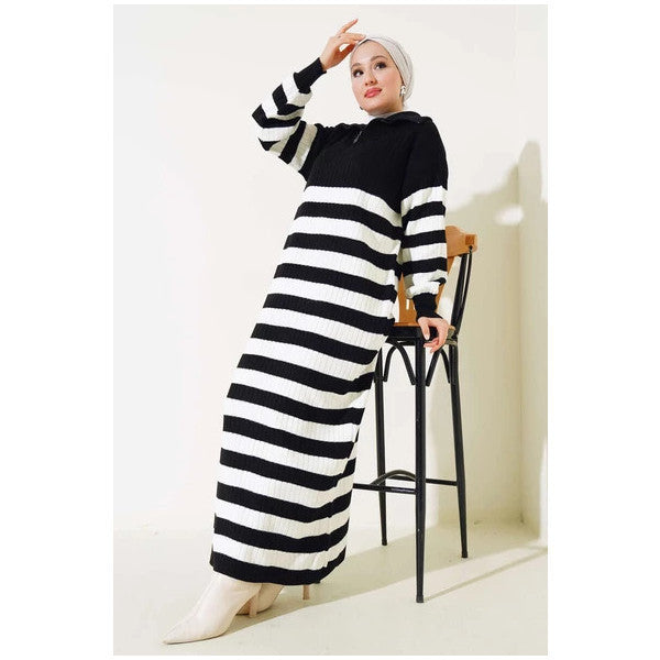 Half Zipper Thick Striped Knit Dress Black