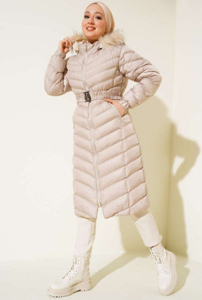 Belted Puffer Jacket Beige