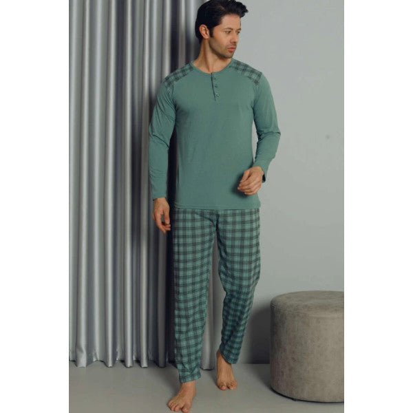 Half Buttoned Plaid Long Sleeve Men's Pajama Set Green