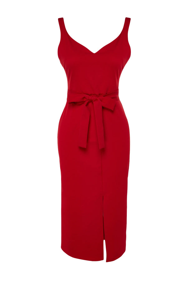A Fitted Midi Woven Dress with a Red Belt TWOSS23EL02262