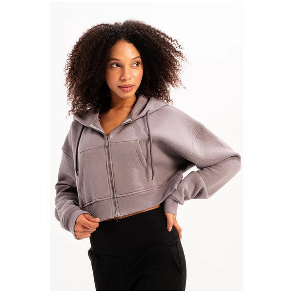 Justever Crop Hooded Zippered Kangaroo Pocket Raised Hoodie Gray Women's Sweatshirt - Lumen