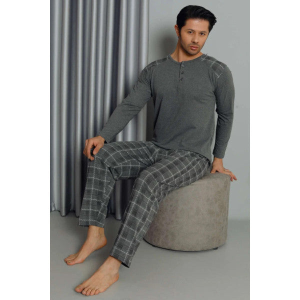 Plaid Long Sleeve Men's Pajama Set Smoke-Colored