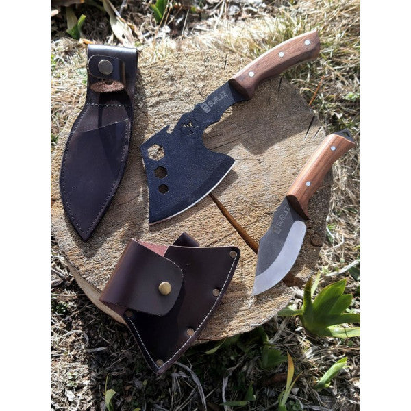 Sürlaz Camping Axe Knife Set 2 Pieces Outdoor Knife Leather Sheath With Knife Sheath