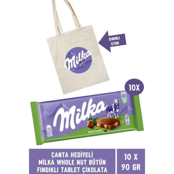 Milka Whole Nut Hazelnut Tablet Chocolate With Gift Bag 90 Gr - 10 Pieces