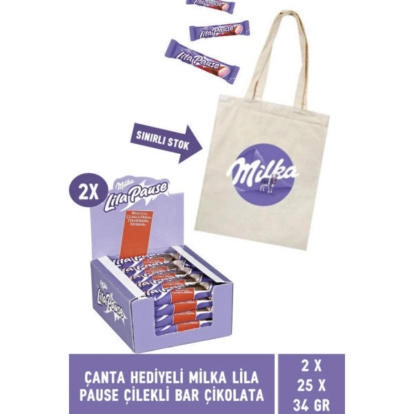 Milka Lila Pause Strawberry Chocolate Bar With Gift Bag 34 Gr - 50 Pieces