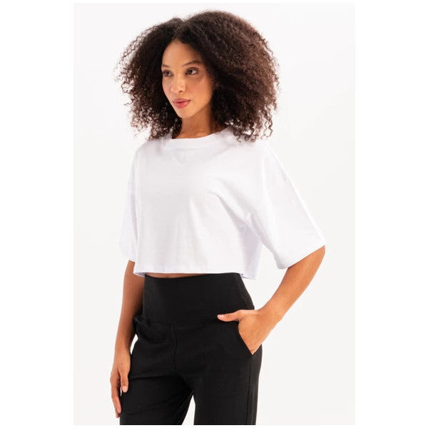 Justever 100% Cotton Crop Crew Neck White Women's T-Shirt - Maia