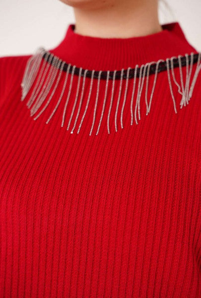 Tassel Chain Knitwear Double Suit Claret Red