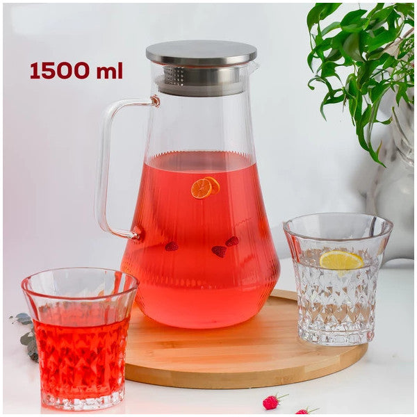 Porsima 15317 Borosilicate Glass Pitcher Metal Lid Glass Carafe - Detox Pitcher 1500 Ml