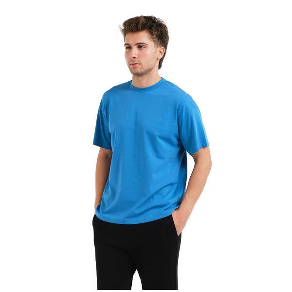 Justever 100% Cotton Oversize Fit Crew Neck Blue Men's T-Shirt - Alpha