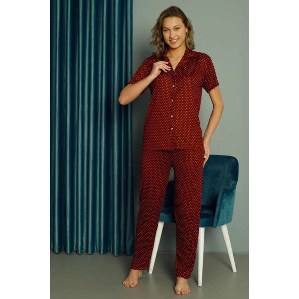 Polka Dot Patterned Short Sleeve Women's Pajama Set Claret Red