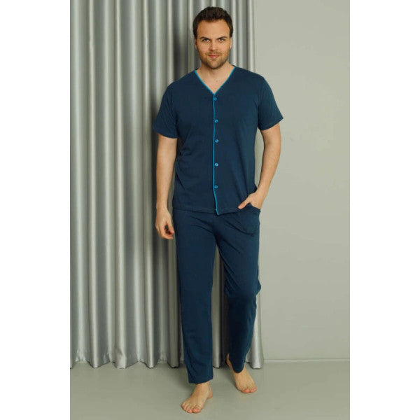 Buttoned Short Sleeve Men's Pajama Set Indigo