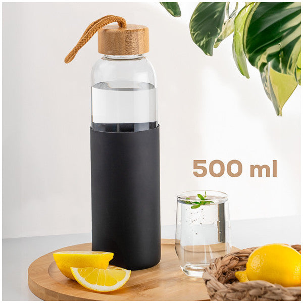 Porsima 2409 Borosilicate Glass Water Bottle With Bamboo Lid And Cover - Water Bottle - Transparent 550 Ml