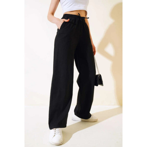 Elastic Waist Long Linen Trousers Black