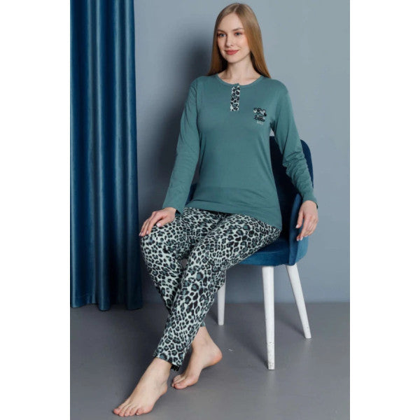 Leopard Pattern Long Sleeve Pajama Set Green