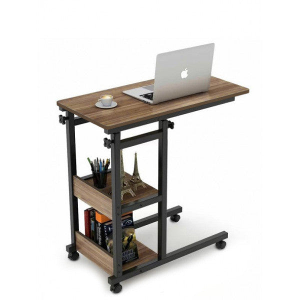 Yükseklik ayarlanabilir raflara sahip dizüstü bilgisayar standı ve masası - Ceviz (tekerleklerle)