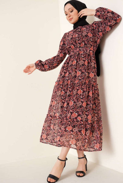 Floral Patterned Belted Chiffon Dress Dusty Rose