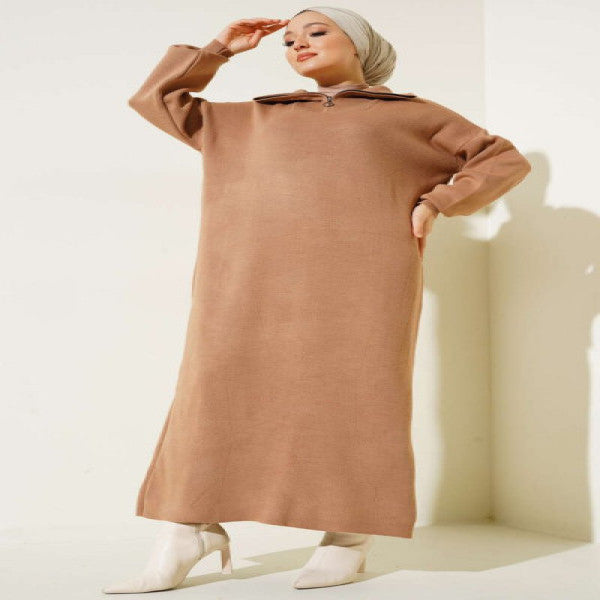 Zippered High Collar Knitwear Dress Latte