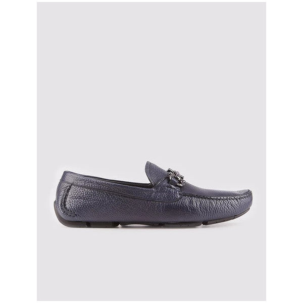 Men's Genuine Leather Buckle Detailed Navy Blue Loafer Shoes