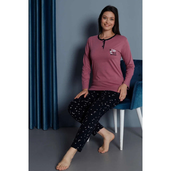 Star Embroidered Long Sleeve Pajama Set Dusty Rose Color