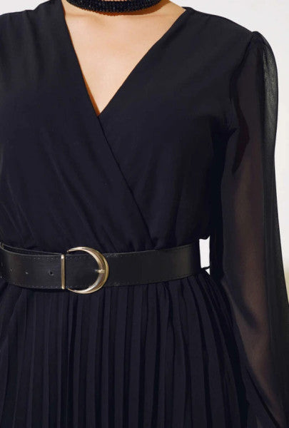 Belted Pleated Chiffon Dress Black