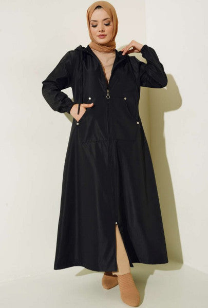 Zippered Long Trench Coat With Pockets Black