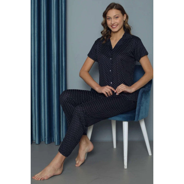 Polka Dot Patterned Short Sleeve Women's Pajama Set Navy Blue