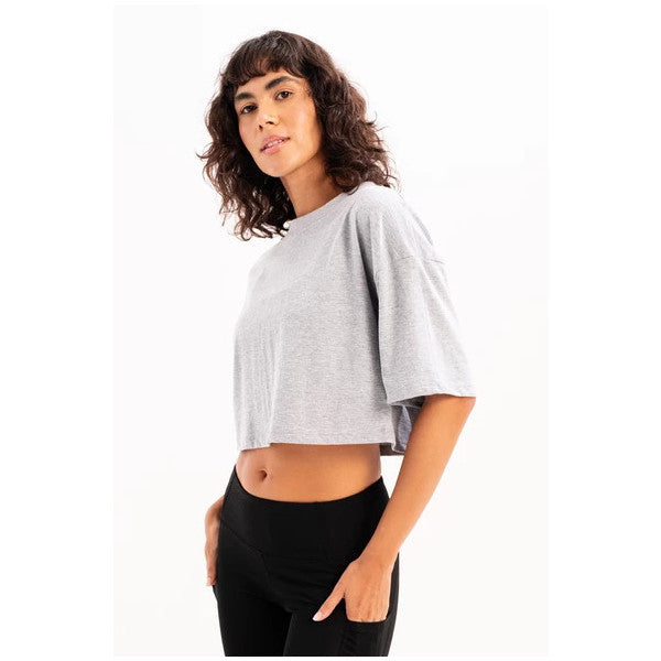 Justever 100% Cotton Crop Crew Neck Gray Women's T-Shirt - Maia