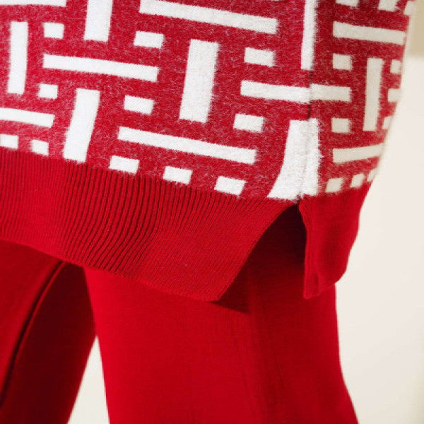 Labyrinth Patterned Bearded Knitwear Double Set Red