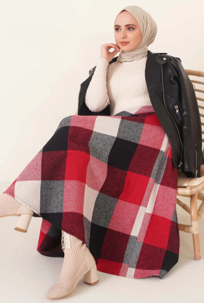 Plaid Pattern Flared Skirt Claret Red